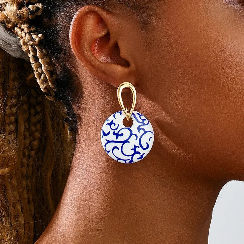 Blue and White Porcelain Disc Earrings for Women - Metal Ring Fashion Jewelry Perfect Holiday Party Gift - Buzzastore