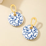 Blue and White Porcelain Disc Earrings for Women - Metal Ring Fashion Jewelry Perfect Holiday Party Gift - Buzzastore