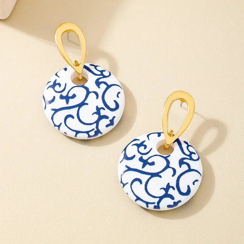 Blue and White Porcelain Disc Earrings for Women - Metal Ring Fashion Jewelry Perfect Holiday Party Gift - Buzzastore