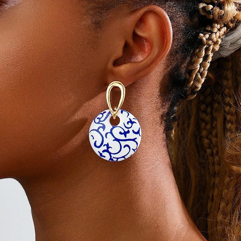 Blue and White Porcelain Disc Earrings for Women - Metal Ring Fashion Jewelry Perfect Holiday Party Gift - Buzzastore