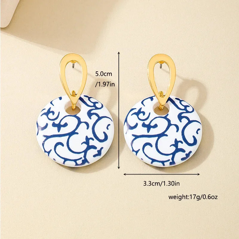 Blue and White Porcelain Disc Earrings for Women - Metal Ring Fashion Jewelry Perfect Holiday Party Gift - Buzzastore