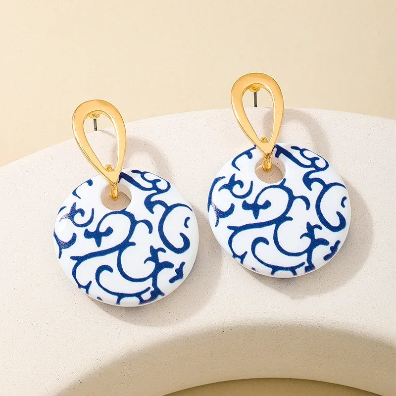 Blue and White Porcelain Disc Earrings for Women - Metal Ring Fashion Jewelry Perfect Holiday Party Gift - Buzzastore