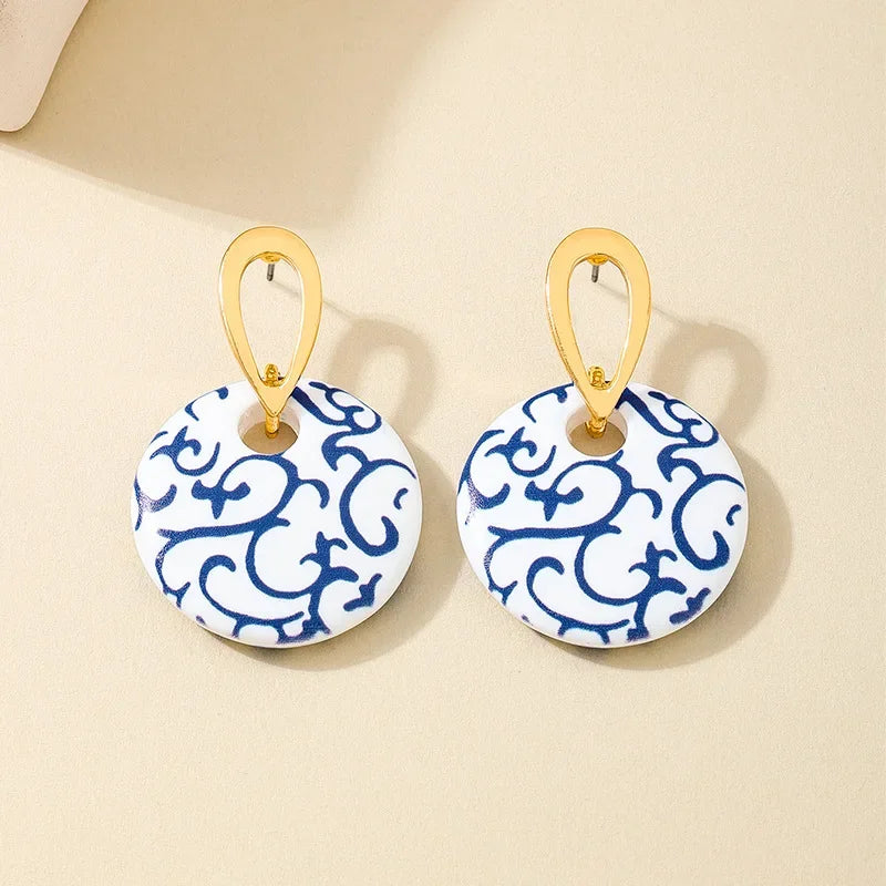 Blue and White Porcelain Disc Earrings for Women - Metal Ring Fashion Jewelry Perfect Holiday Party Gift - Buzzastore