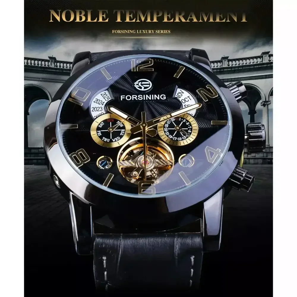 Forsining Automatic Black Leather Watch - Stylish Mens Timepiece - Buzzastore