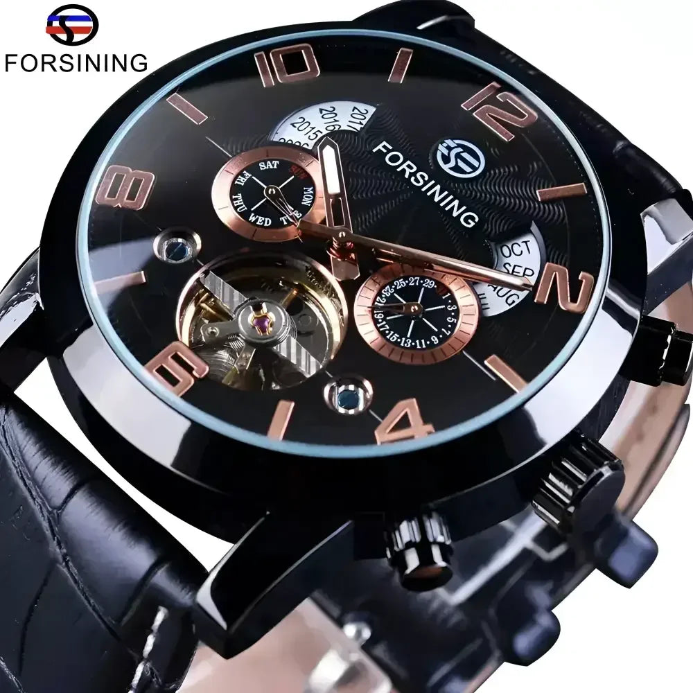 Forsining Automatic Black Leather Watch - Stylish Mens Timepiece - Buzzastore