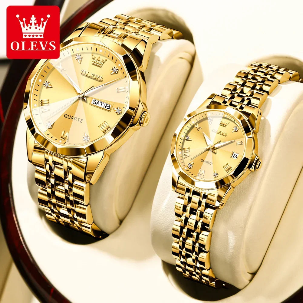 OLEVS 9931 Luxury Quartz Couple Watch for Men Women with Roman Numerals Rhombus Mirror Auto Date and Waterproof Design - Buzzastore