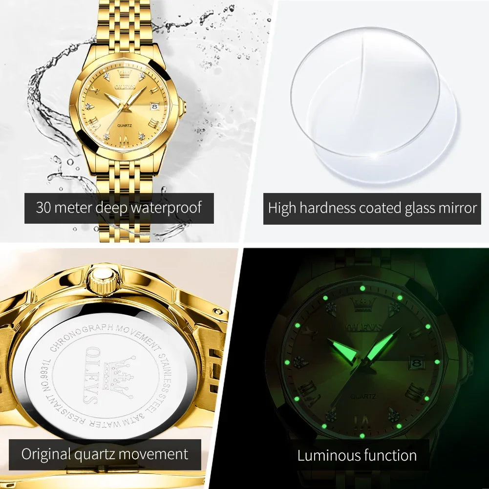 OLEVS 9931 Luxury Quartz Couple Watch for Men Women with Roman Numerals Rhombus Mirror Auto Date and Waterproof Design - Buzzastore