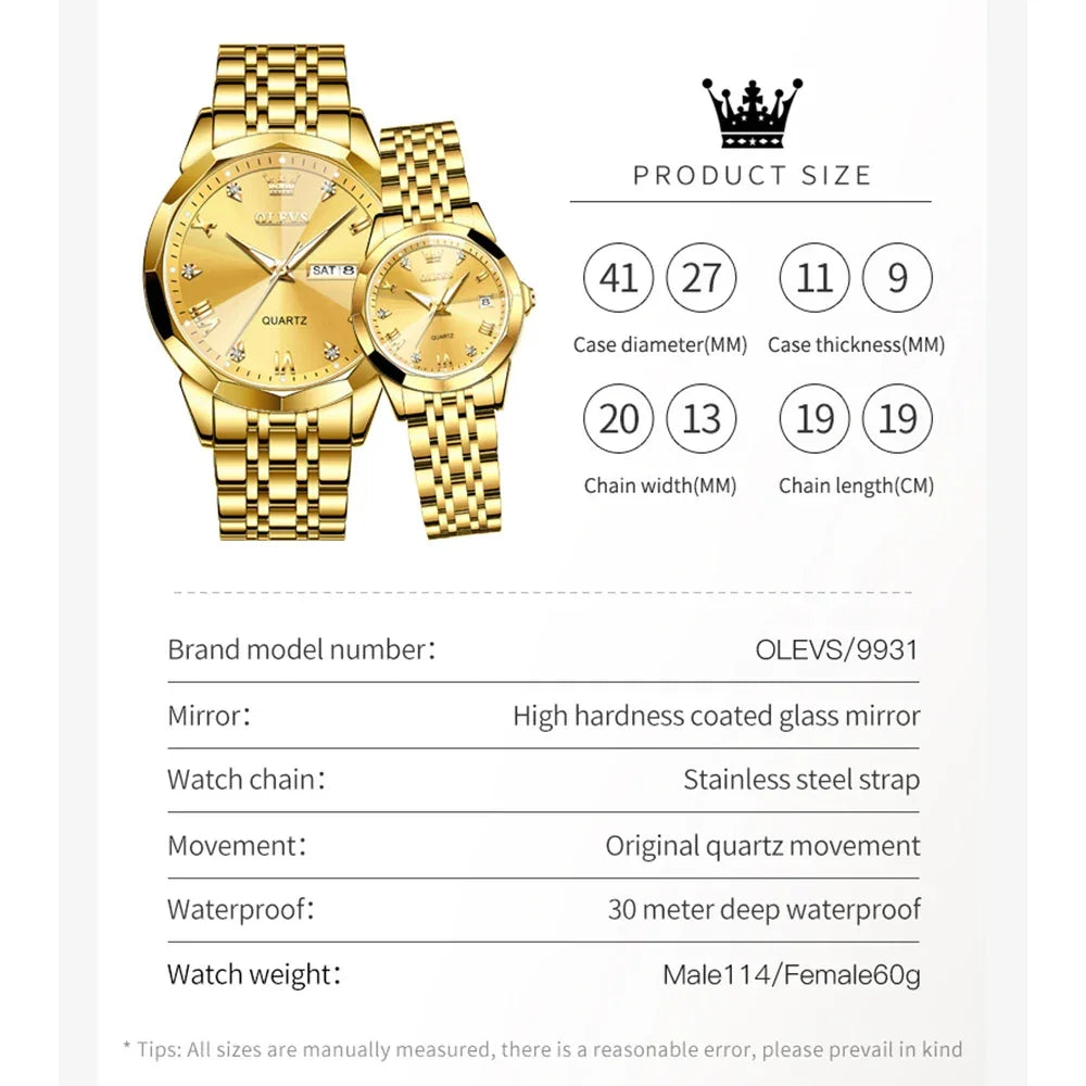 OLEVS 9931 Luxury Quartz Couple Watch for Men Women with Roman Numerals Rhombus Mirror Auto Date and Waterproof Design - Buzzastore