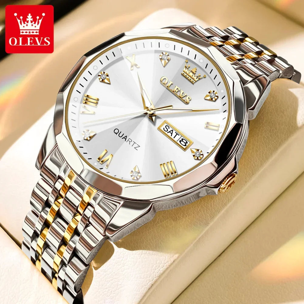 OLEVS 9931 Luxury Quartz Couple Watch for Men Women with Roman Numerals Rhombus Mirror Auto Date and Waterproof Design - Buzzastore