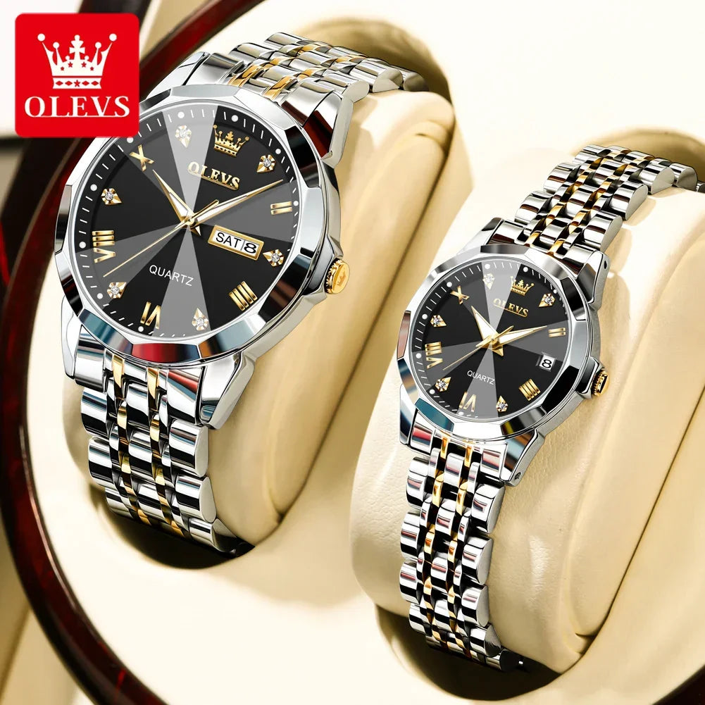 OLEVS 9931 Luxury Quartz Couple Watch for Men Women with Roman Numerals Rhombus Mirror Auto Date and Waterproof Design - Buzzastore