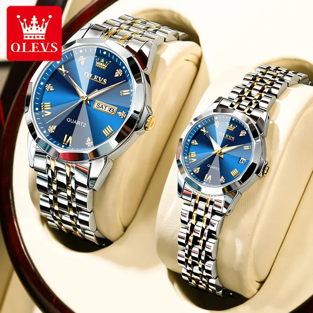 OLEVS 9931 Luxury Quartz Couple Watch for Men Women with Roman Numerals Rhombus Mirror Auto Date and Waterproof Design - Buzzastore