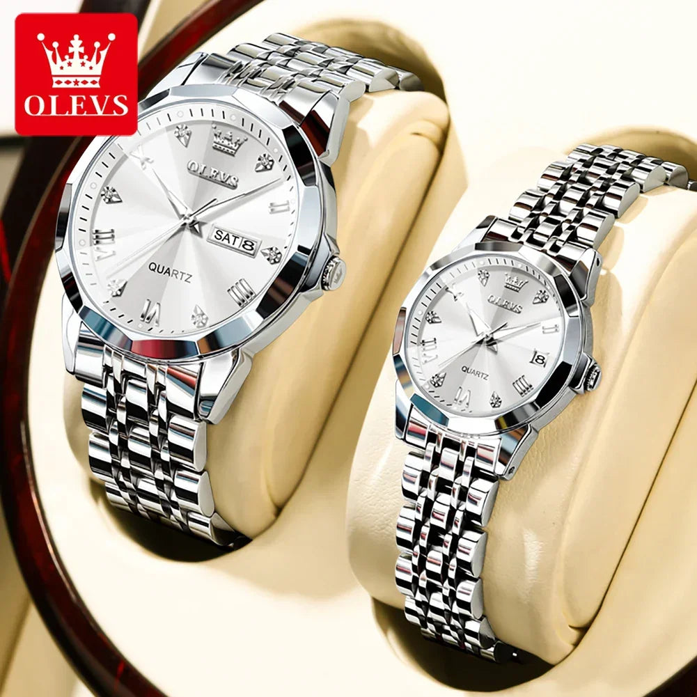 OLEVS 9931 Luxury Quartz Couple Watch for Men Women with Roman Numerals Rhombus Mirror Auto Date and Waterproof Design - Buzzastore