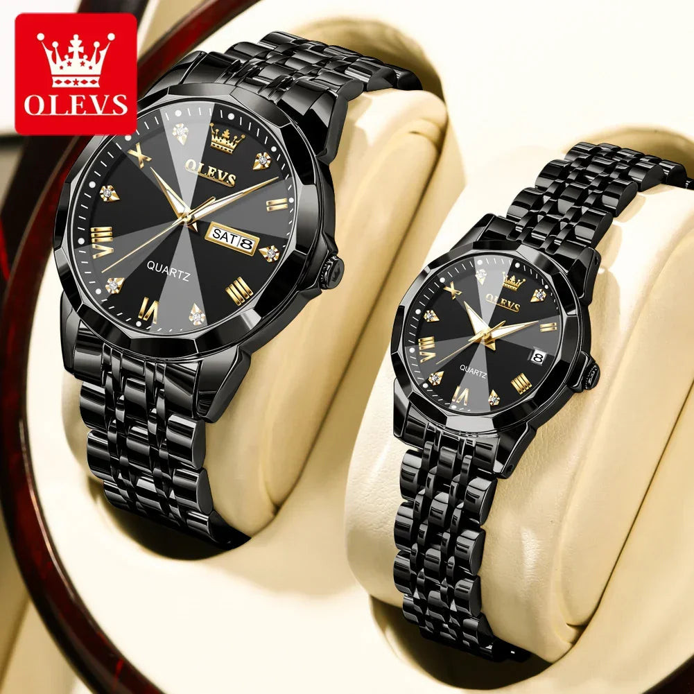 OLEVS 9931 Luxury Quartz Couple Watch for Men Women with Roman Numerals Rhombus Mirror Auto Date and Waterproof Design - Buzzastore