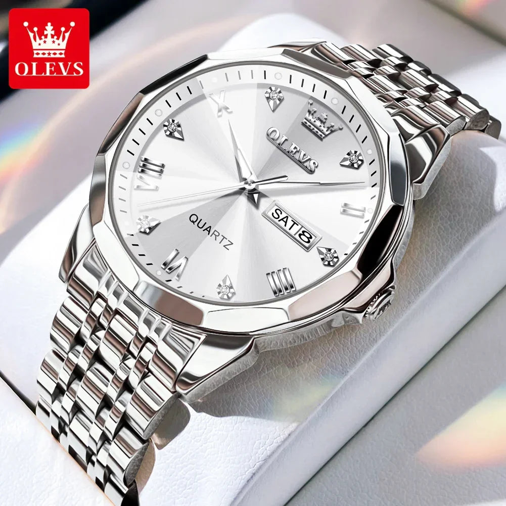 OLEVS 9931 Luxury Quartz Couple Watch for Men Women with Roman Numerals Rhombus Mirror Auto Date and Waterproof Design - Buzzastore