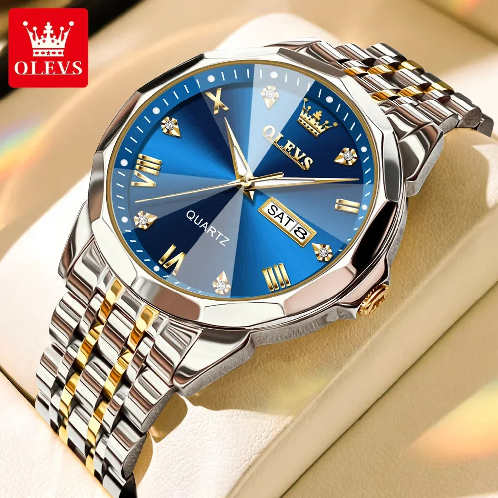 OLEVS 9931 Luxury Quartz Couple Watch for Men Women with Roman Numerals Rhombus Mirror Auto Date and Waterproof Design - Buzzastore
