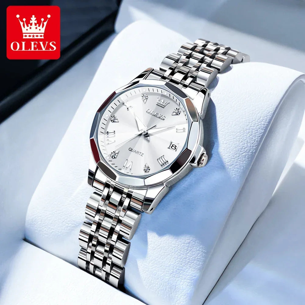 OLEVS 9931 Luxury Quartz Couple Watch for Men Women with Roman Numerals Rhombus Mirror Auto Date and Waterproof Design - Buzzastore