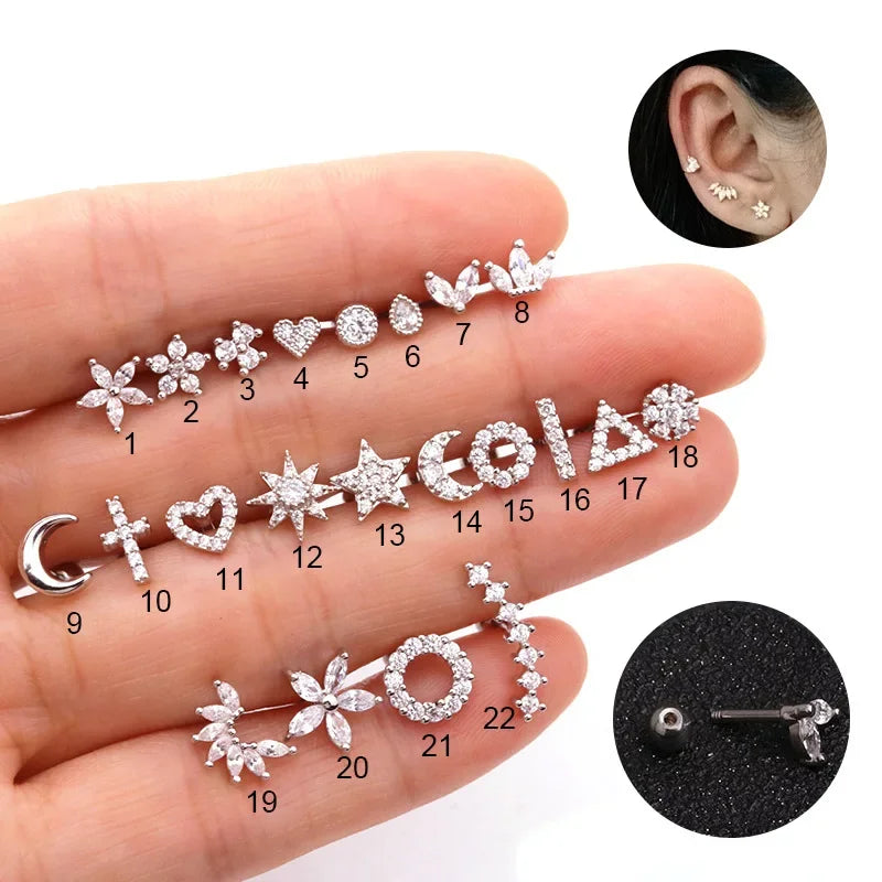 Stainless Steel Moon Flower Zircon Cartilage Stud Earrings for Helix Tragus and Rook Piercings - 1PC - Buzzastore