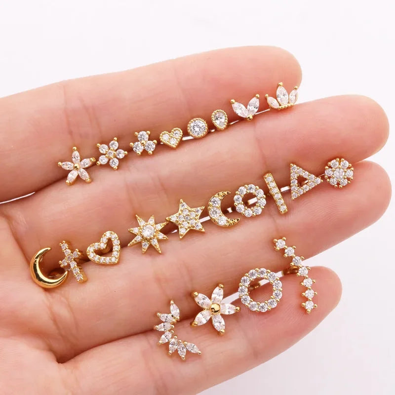 Stainless Steel Moon Flower Zircon Cartilage Stud Earrings for Helix Tragus and Rook Piercings - 1PC - Buzzastore