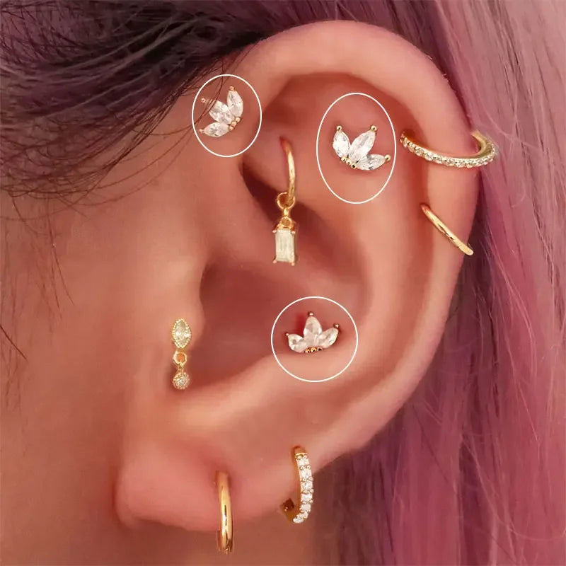 Stainless Steel Moon Flower Zircon Cartilage Stud Earrings for Helix Tragus and Rook Piercings - 1PC - Buzzastore