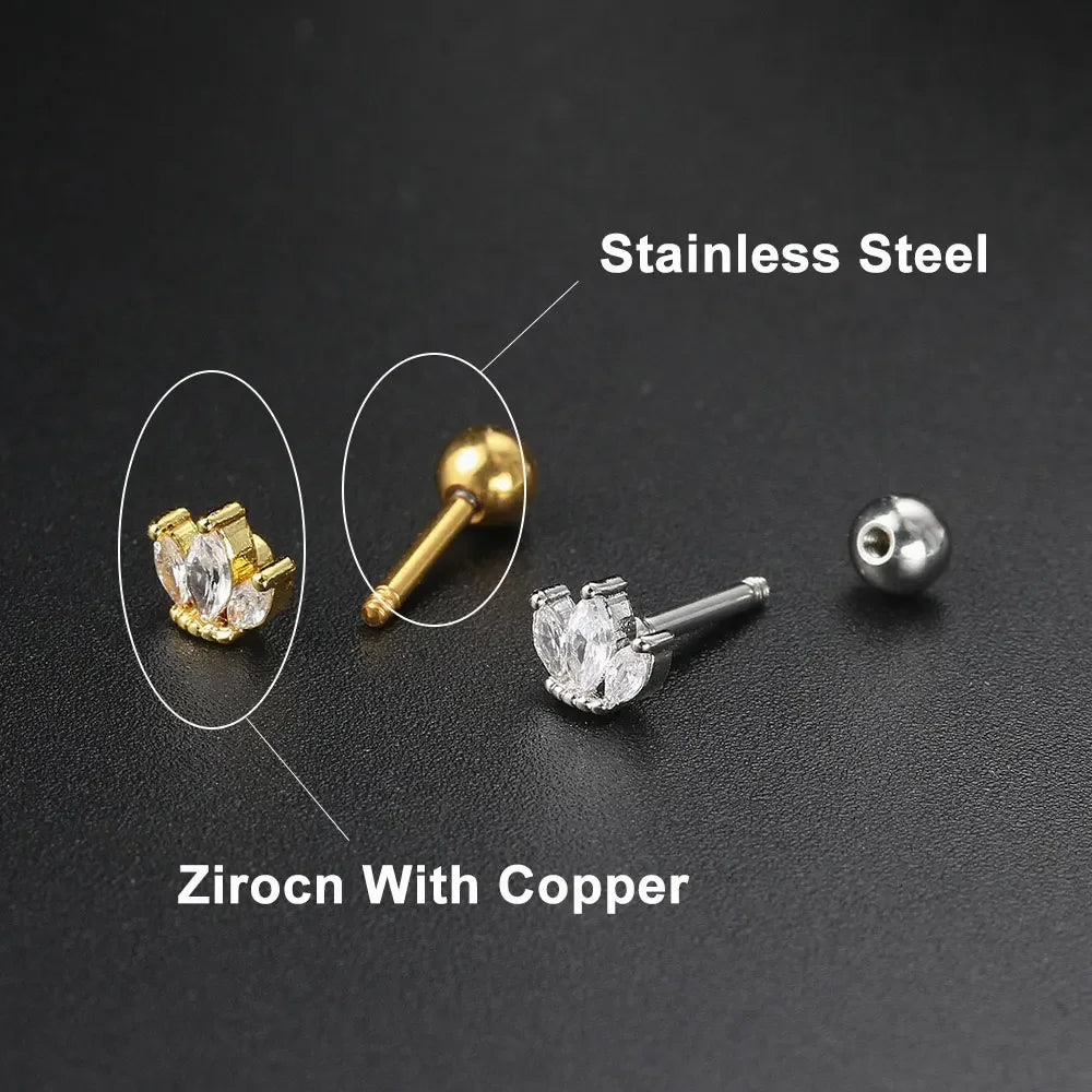 Stainless Steel Moon Flower Zircon Cartilage Stud Earrings for Helix Tragus and Rook Piercings - 1PC - Buzzastore