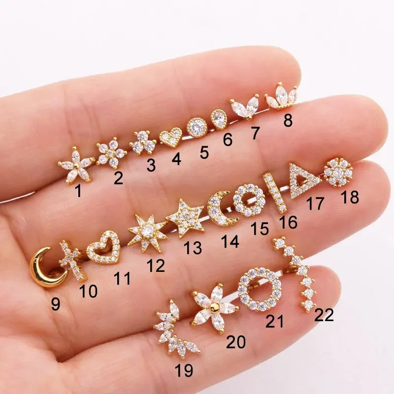 Stainless Steel Moon Flower Zircon Cartilage Stud Earrings for Helix Tragus and Rook Piercings - 1PC - Buzzastore