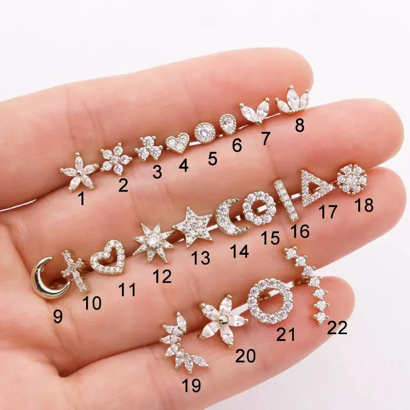 Stainless Steel Moon Flower Zircon Cartilage Stud Earrings for Helix Tragus and Rook Piercings - 1PC - Buzzastore