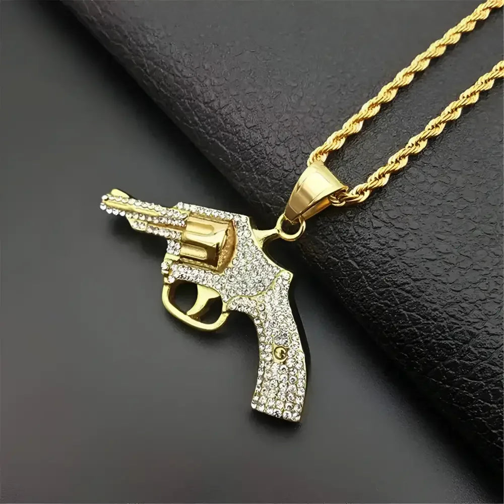 Gold Revolver Pendant Necklace - Stylish Hip Hop Accessory for Trendy Outfits - Buzzastore