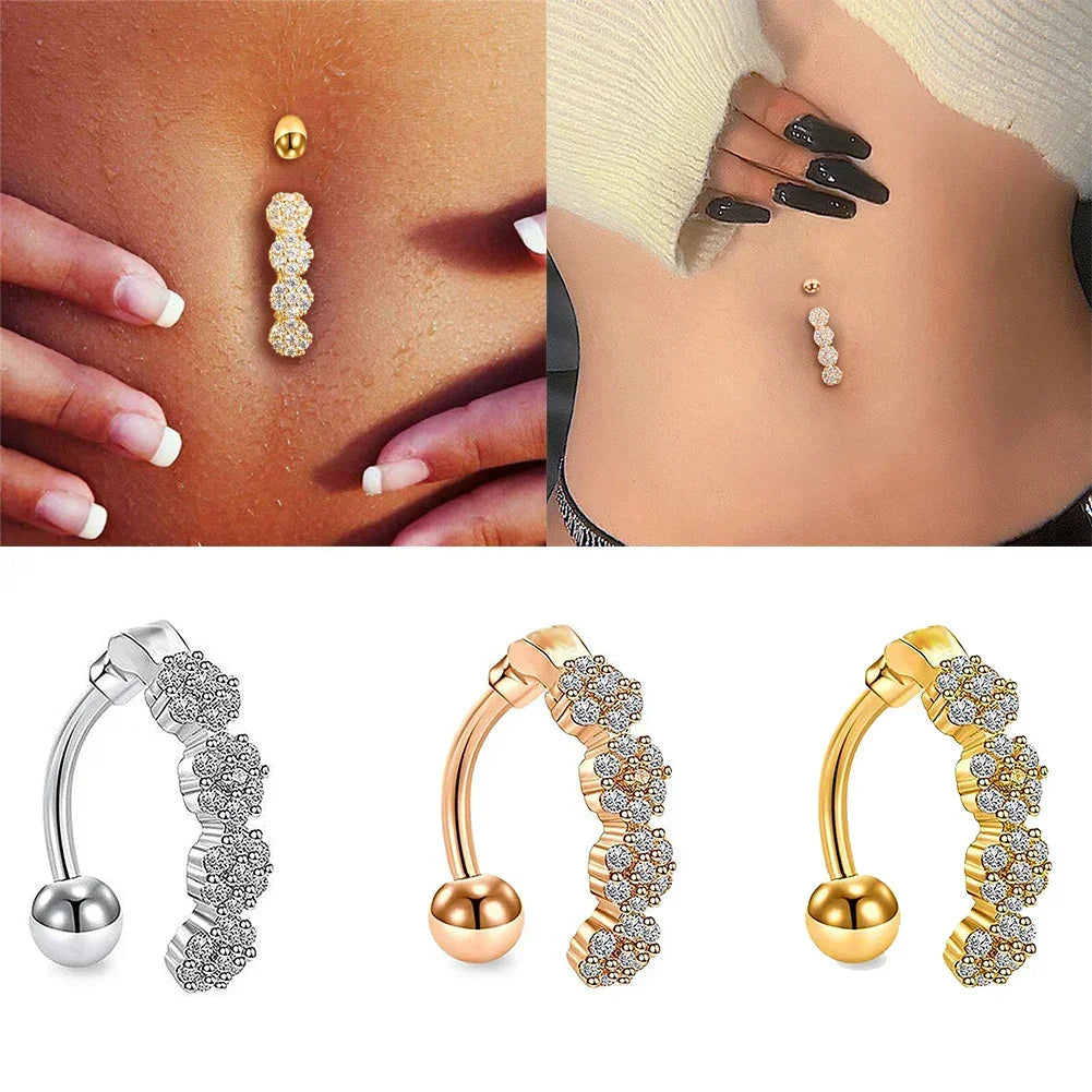 Goth Crystal Dangle Belly Button Ring - Stainless Steel Flower Navel Piercing for Women - Buzzastore