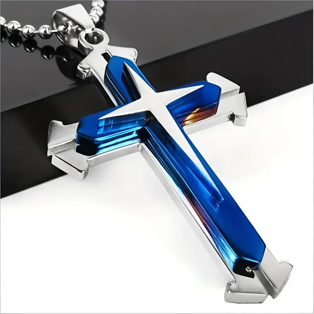 Blue Silver Cross Pendant Necklace in Zinc Alloy - Elegant Religious Jewelry - Buzzastore