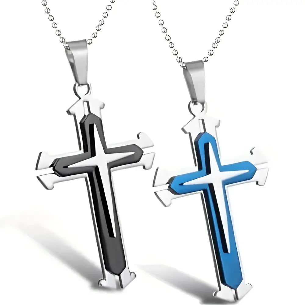 Blue Silver Cross Pendant Necklace in Zinc Alloy - Elegant Religious Jewelry - Buzzastore