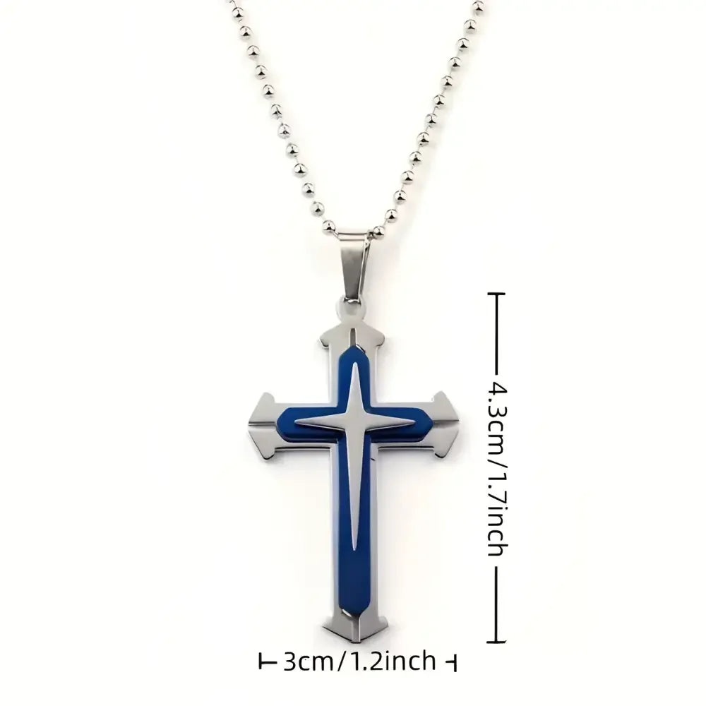 Blue Silver Cross Pendant Necklace in Zinc Alloy - Elegant Religious Jewelry - Buzzastore
