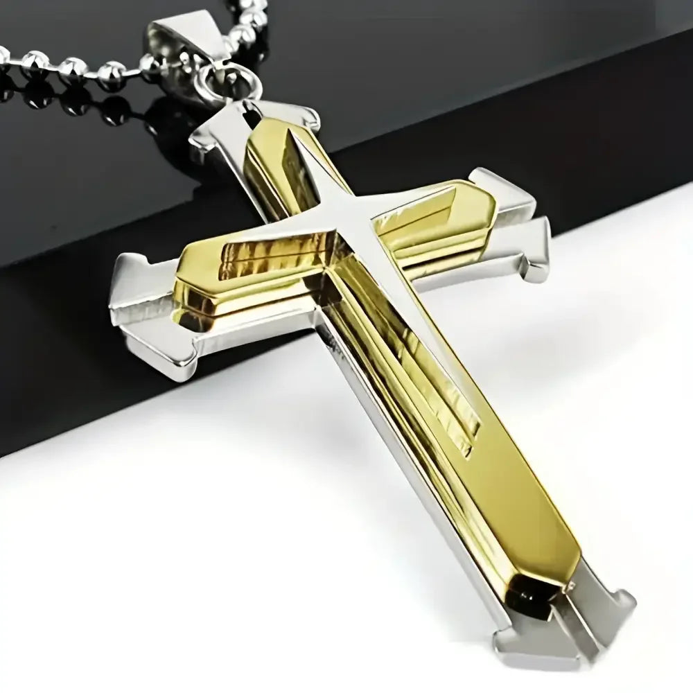 Blue Silver Cross Pendant Necklace in Zinc Alloy - Elegant Religious Jewelry - Buzzastore