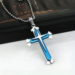 Blue Silver Cross Pendant Necklace in Zinc Alloy - Elegant Religious Jewelry - Buzzastore