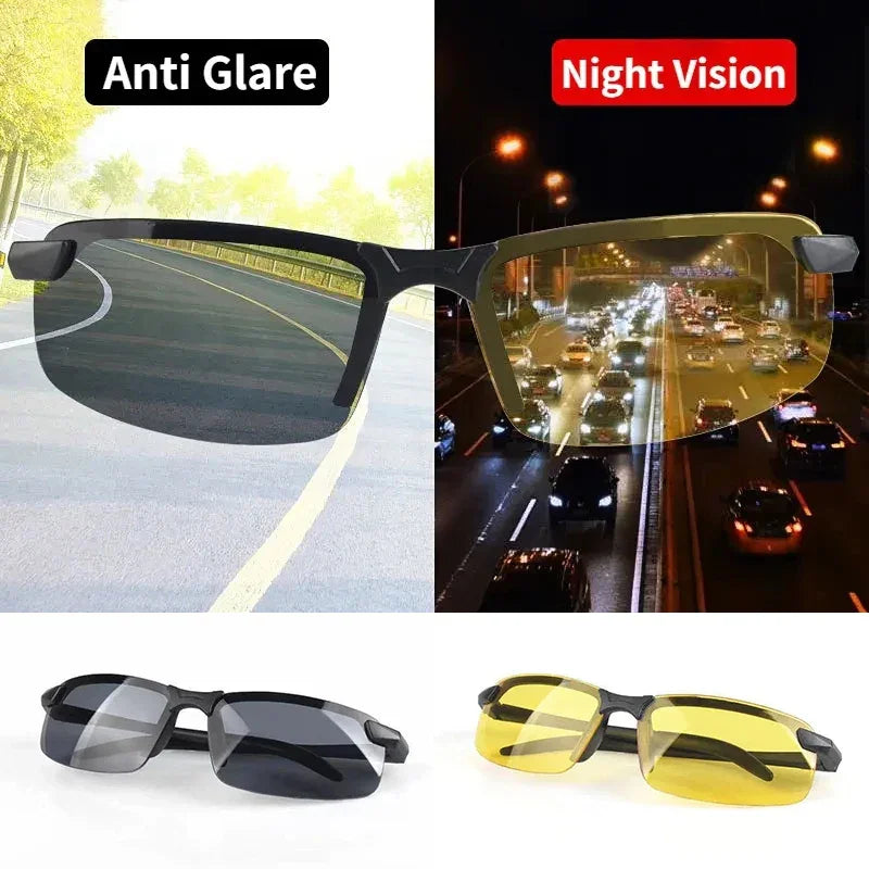 Night Vision Anti-Glare Driving Sunglasses for Men Women - Half Frame Outdoor Sport Goggles for Day and Night Use - Buzzastore