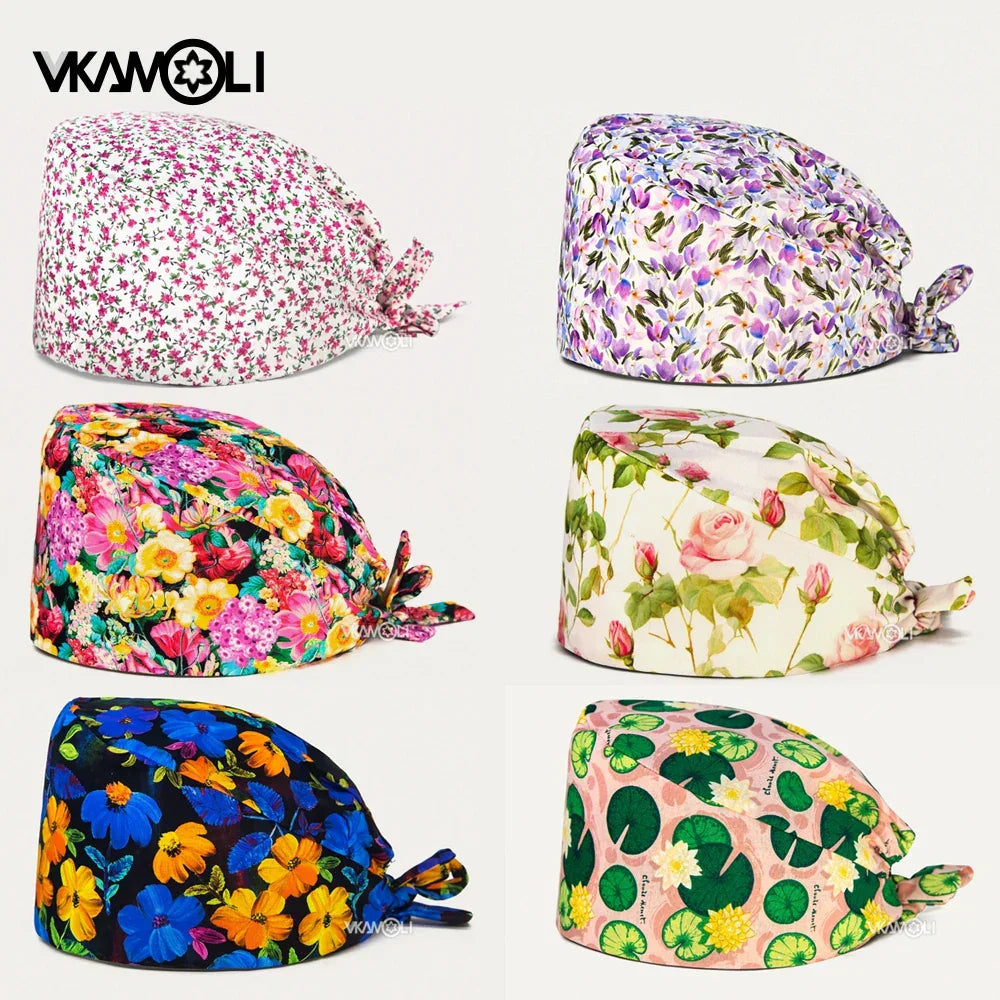 Adjustable Flower Print Scrubs Hat for Women - Ideal for Health Workers Beauty Salons and Pet Stores - Buzzastore