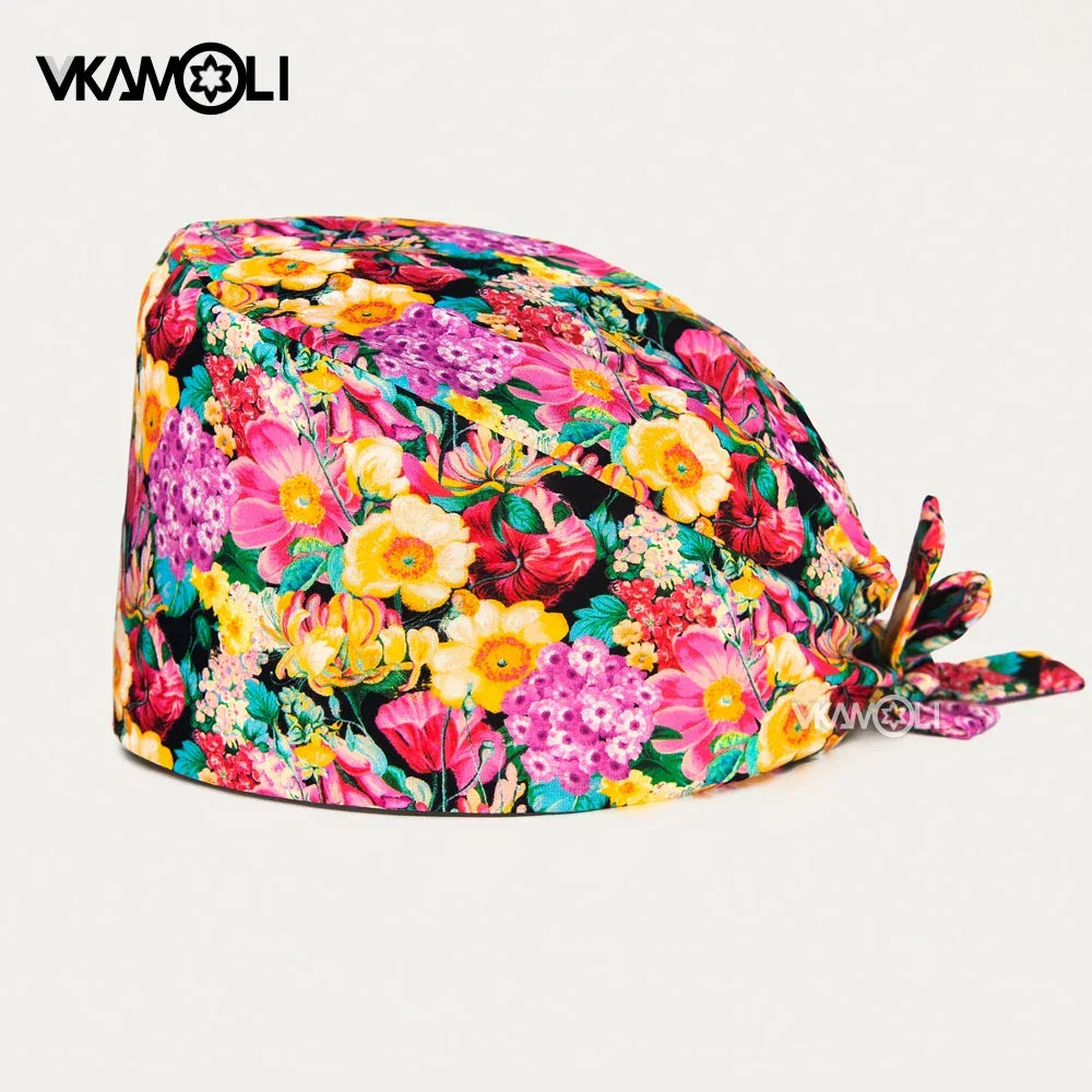 Adjustable Flower Print Scrubs Hat for Women - Ideal for Health Workers Beauty Salons and Pet Stores - Buzzastore