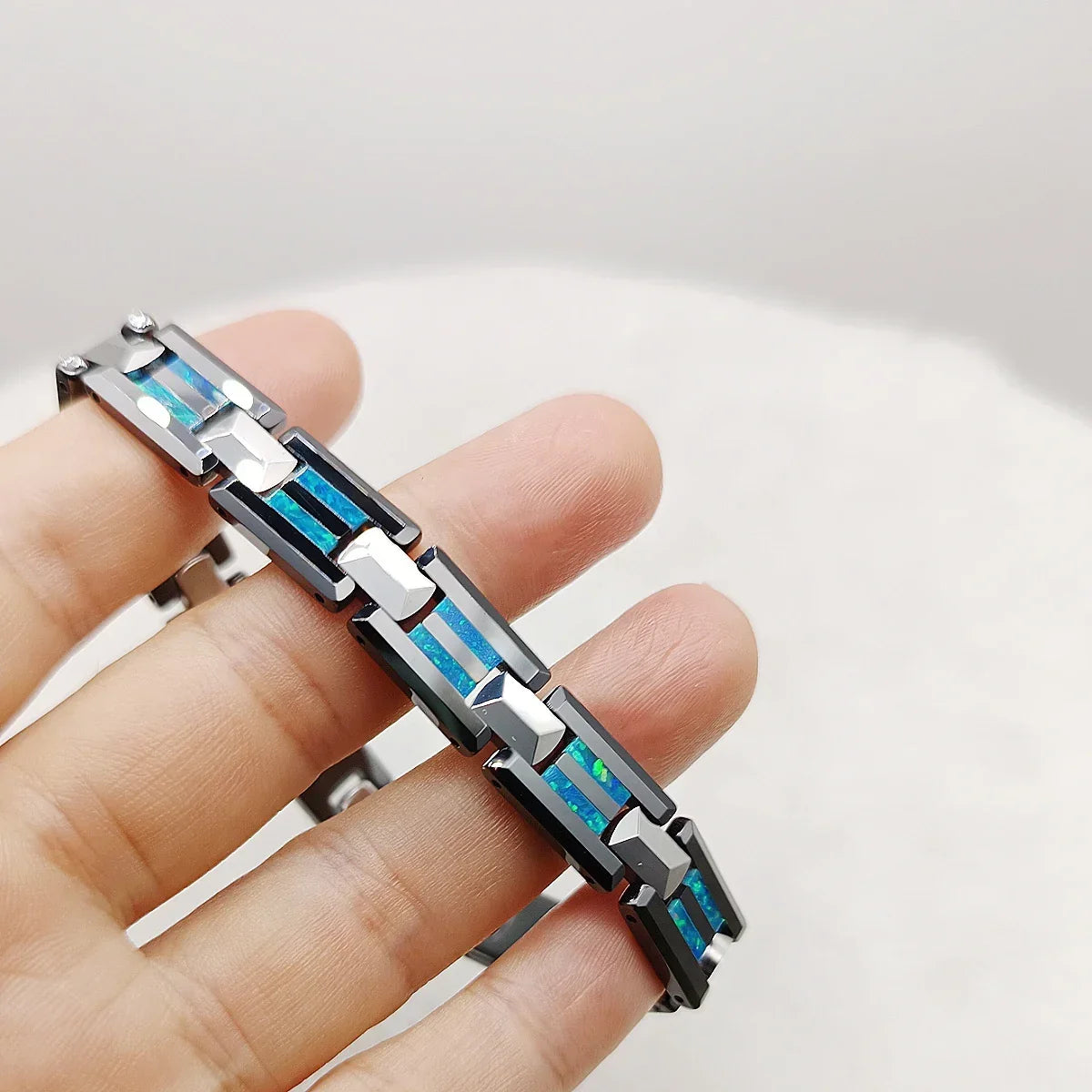 Waterproof Tungsten and Black Ceramic Bracelet for Men with Blue Opal Inlay - Tarnish-Free Designer Jewelry - Buzzastore