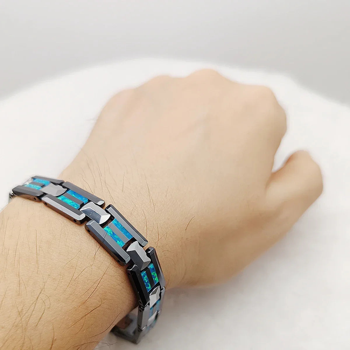 Waterproof Tungsten and Black Ceramic Bracelet for Men with Blue Opal Inlay - Tarnish-Free Designer Jewelry - Buzzastore