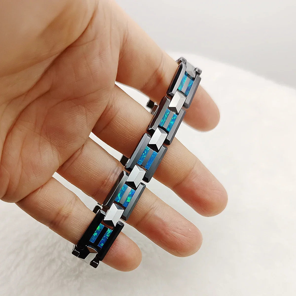 Waterproof Tungsten and Black Ceramic Bracelet for Men with Blue Opal Inlay - Tarnish-Free Designer Jewelry - Buzzastore