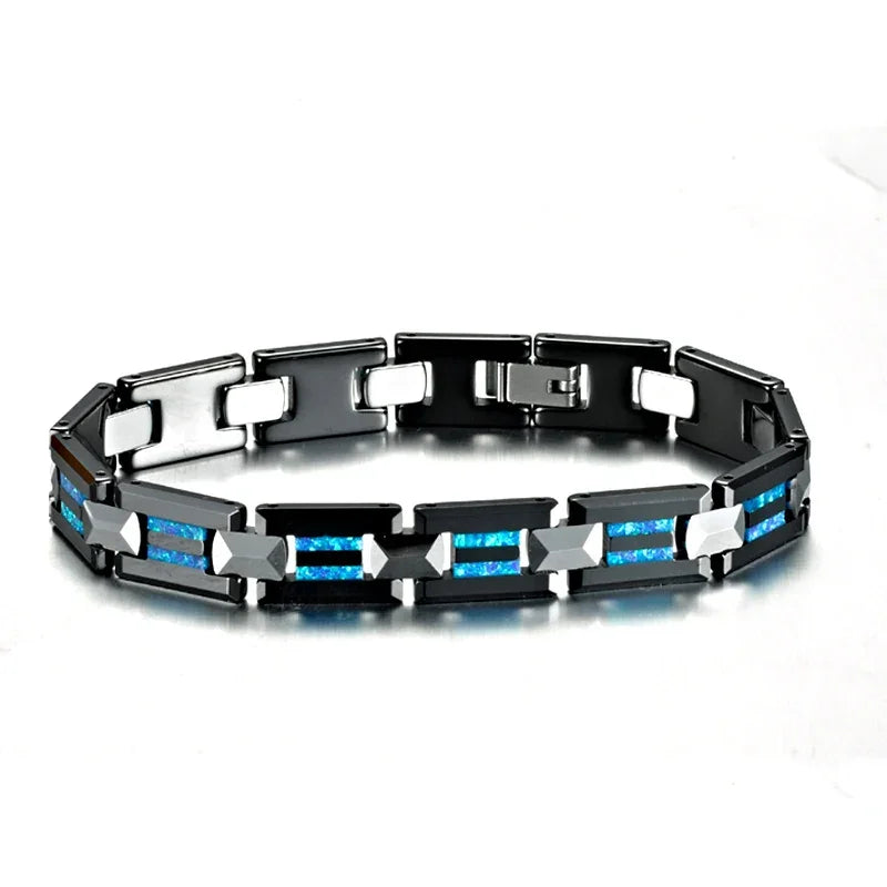 Waterproof Tungsten and Black Ceramic Bracelet for Men with Blue Opal Inlay - Tarnish-Free Designer Jewelry - Buzzastore
