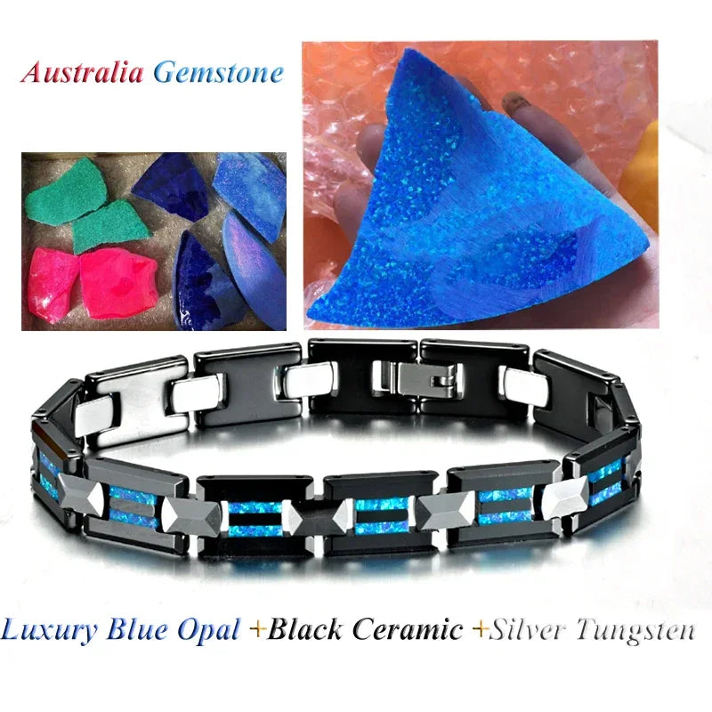 Waterproof Tungsten and Black Ceramic Bracelet for Men with Blue Opal Inlay - Tarnish-Free Designer Jewelry - Buzzastore