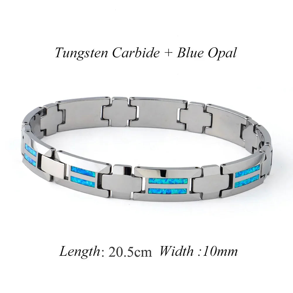 Waterproof Tungsten and Black Ceramic Bracelet for Men with Blue Opal Inlay - Tarnish-Free Designer Jewelry - Buzzastore