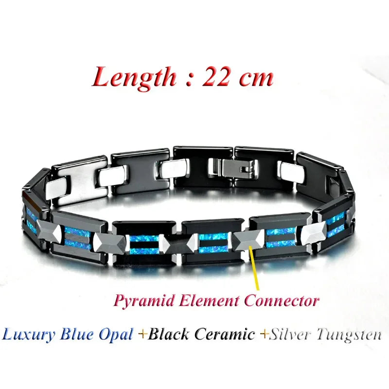 Waterproof Tungsten and Black Ceramic Bracelet for Men with Blue Opal Inlay - Tarnish-Free Designer Jewelry - Buzzastore