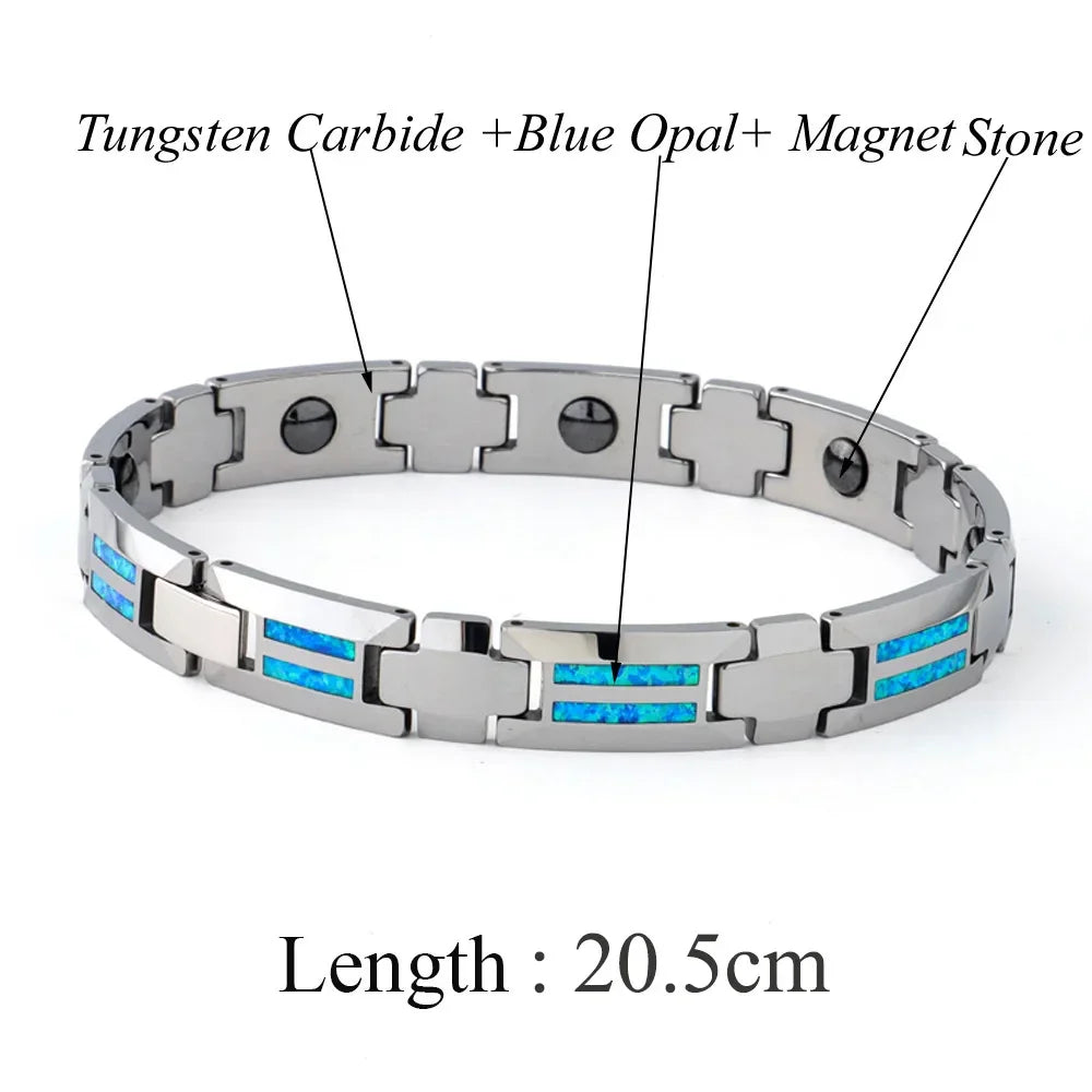 Waterproof Tungsten and Black Ceramic Bracelet for Men with Blue Opal Inlay - Tarnish-Free Designer Jewelry - Buzzastore