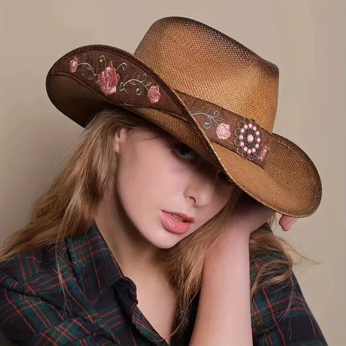 Large-Brimmed Western Cowboy Hat for Outdoor Riding Beach Sun Protection Embroidered Floral Design for Dance Parties - Buzzastore