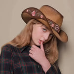 Large-Brimmed Western Cowboy Hat for Outdoor Riding Beach Sun Protection Embroidered Floral Design for Dance Parties - Buzzastore