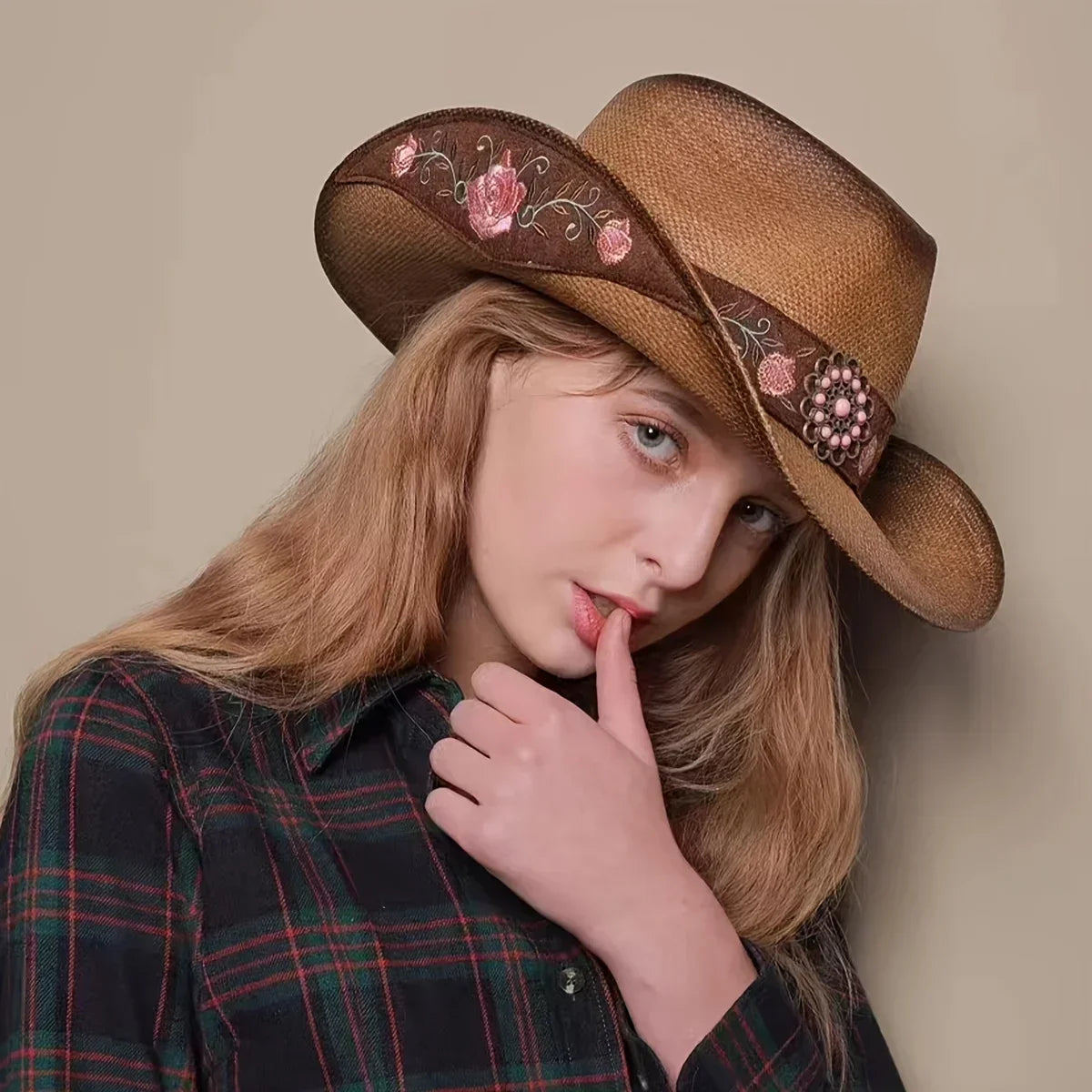 Large-Brimmed Western Cowboy Hat for Outdoor Riding Beach Sun Protection Embroidered Floral Design for Dance Parties - Buzzastore