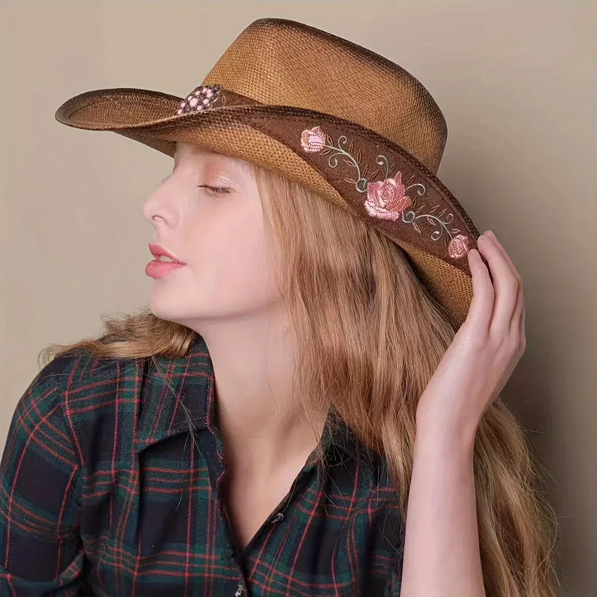 Large-Brimmed Western Cowboy Hat for Outdoor Riding Beach Sun Protection Embroidered Floral Design for Dance Parties - Buzzastore
