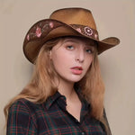 Large-Brimmed Western Cowboy Hat for Outdoor Riding Beach Sun Protection Embroidered Floral Design for Dance Parties - Buzzastore