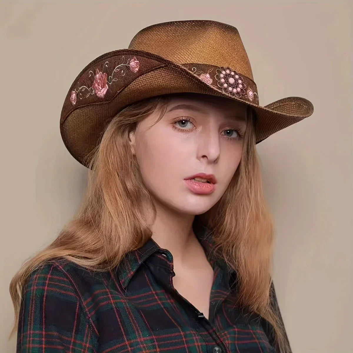 Large-Brimmed Western Cowboy Hat for Outdoor Riding Beach Sun Protection Embroidered Floral Design for Dance Parties - Buzzastore